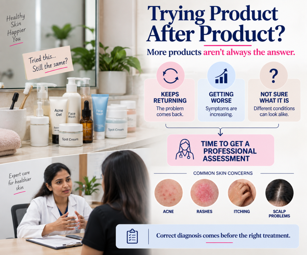 Infographic showing a person trying multiple skincare products for recurring acne, rashes, itching and scalp problems, with warning signs including persistent symptoms, worsening skin concerns and uncertainty about the cause, followed by professional dermatology assessment.