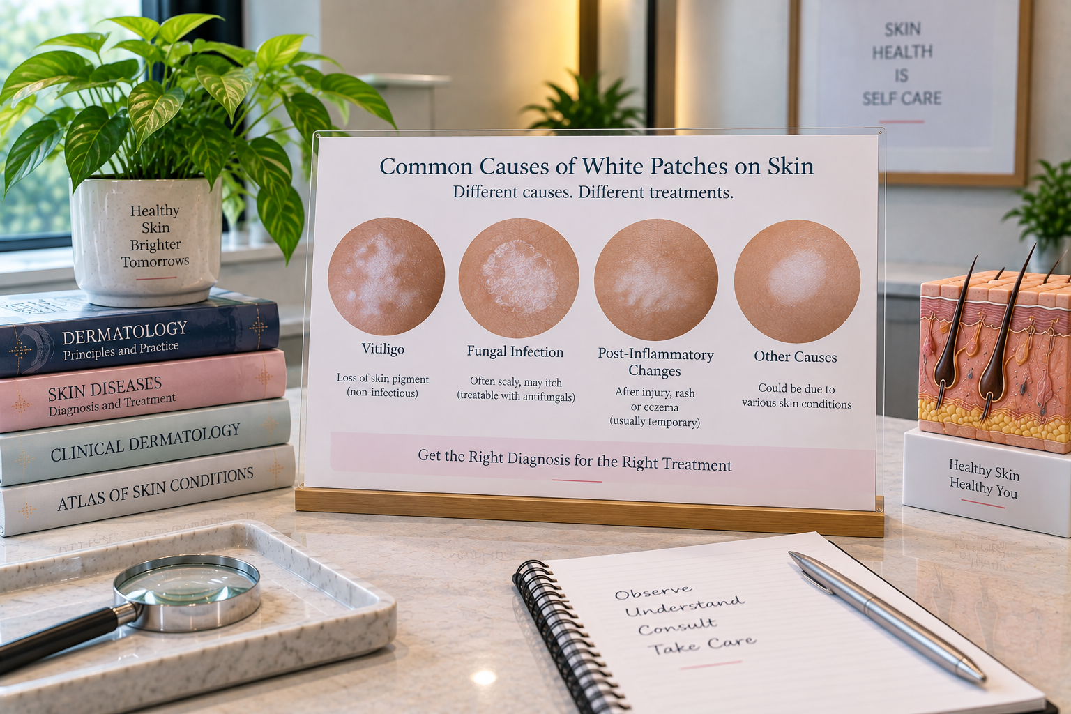 A realistic dermatology-themed infographic titled “Common Causes of White Patches on Skin” is displayed on a framed board at the centre, with dark navy text on a light cream background. Four circular skin close-ups across the board illustrate Vitiligo, Fungal Infection, Post-Inflammatory Changes, and Other Causes, with brief descriptions beneath each. Vitiligo is shown as lighter patches from pigment loss, fungal infection as a scaly patch, post-inflammatory changes as lighter areas after irritation or inflammation, and other causes as a single pale patch. A soft pink banner along the bottom reads “Get the Right Diagnosis for the Right Treatment.” The board is placed on a light marble tabletop, with green plants and dermatology books on the left, a skin anatomy model on the right, and a magnifying glass, notebook and silver pen in the foreground. The overall scene uses soft natural lighting, muted cream, pink, green and navy tones, creating a clean and professional dermatology consultation aesthetic.
