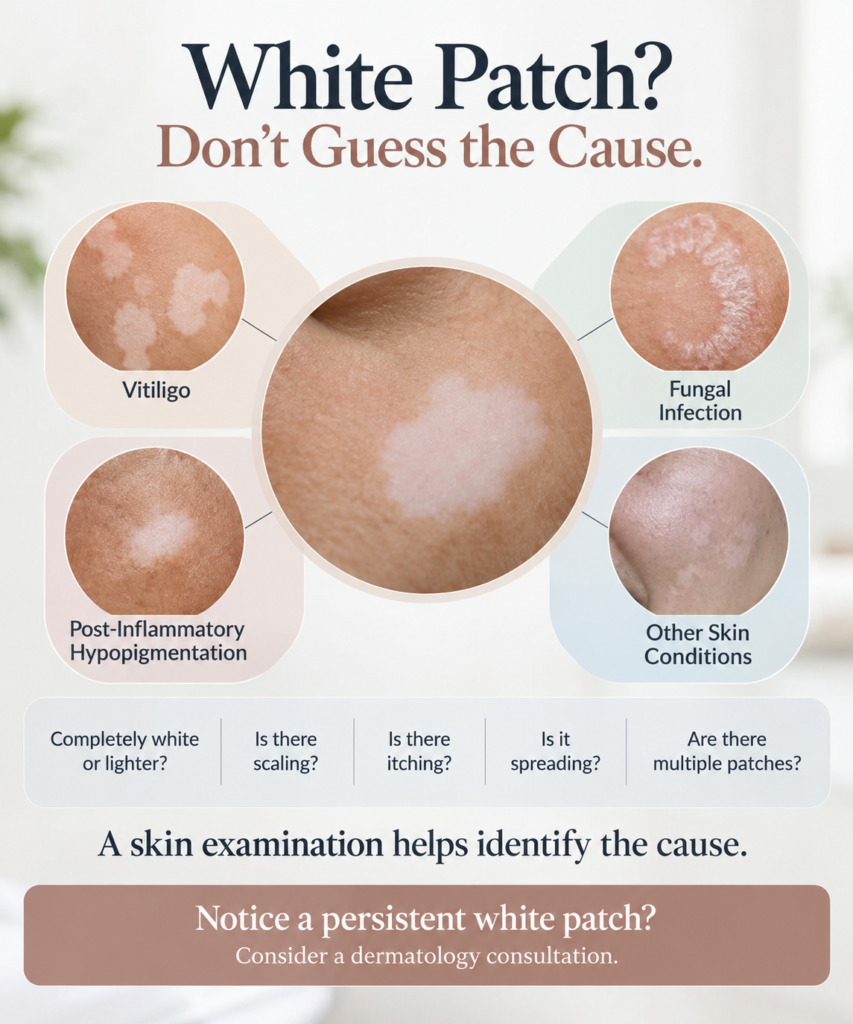 Medical infographic titled “White Patch? Don’t Guess the Cause” on a soft white and beige background. A large central circular image shows a white skin patch. Four surrounding panels show Vitiligo, Fungal Infection, Post-Inflammatory Hypopigmentation, and Other Skin Conditions. Each panel uses soft pastel beige, green, pink, or blue backgrounds with connecting lines to the center. The lower section lists questions about scaling, itching, spreading, and multiple patches. A muted brown bottom banner recommends considering a dermatology consultation for persistent white patches.