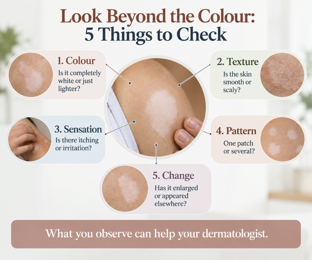 Infographic titled “Look Beyond the Colour: 5 Things to Check” with dark brown and navy typography on a clean light cream background. A large central close-up shows a lighter white skin patch on a person’s arm, with connecting lines pointing to five surrounding sections. The pastel panels explain 1. Colour—whether the patch is completely white or lighter, 2. Texture—whether the skin is smooth or scaly, and 3. Sensation—whether there is itching or irritation. On the right, 4. Pattern asks whether there is one patch or several, while the lower centre 5. Change asks whether the patch has enlarged or appeared elsewhere. Small circular close-up images illustrate the different colour, texture, sensation, pattern and skin-change examples, using soft pink, green, blue and beige panels. A wide muted terracotta banner at the bottom reads “What you observe can help your dermatologist.”