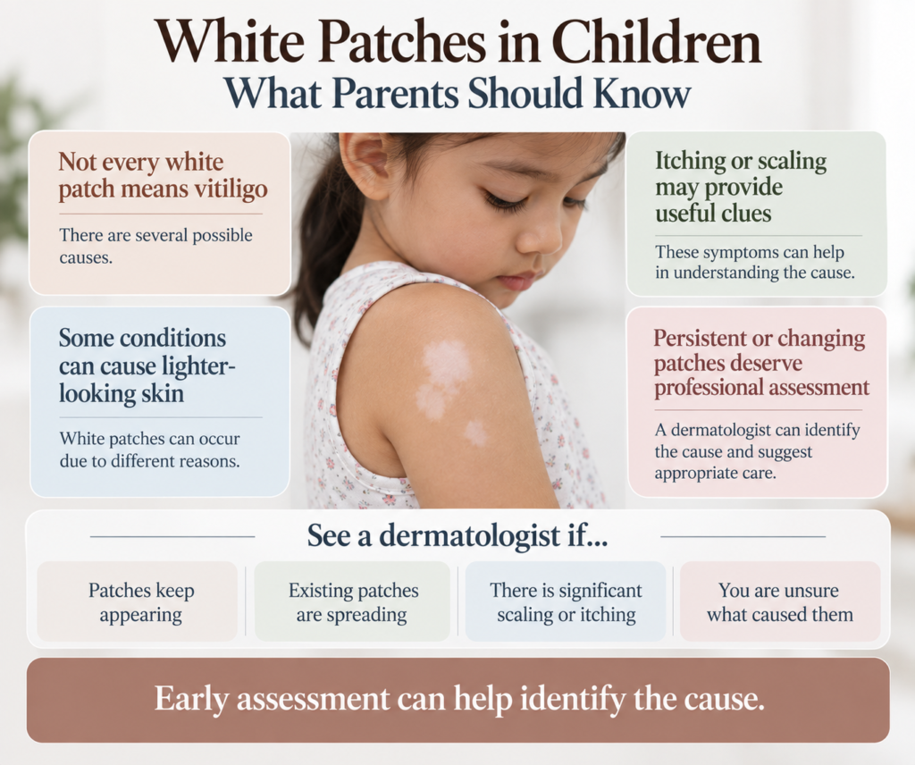 Infographic titled “White Patches in Children: What Parents Should Know” in dark brown and navy text across the top on a light cream background. At the centre, a young Indian girl in a white floral dress looks down toward several clearly visible lighter white patches on her upper arm. Four surrounding pastel panels explain that not every white patch means vitiligo, some conditions cause lighter-looking skin, and itching or scaling may provide useful clues. The right-side pink panel states that persistent or changing patches deserve professional assessment, while the lower section lists signs for seeing a dermatologist, including recurring, spreading, itchy or unexplained patches. A wide muted terracotta banner at the bottom reads “Early assessment can help identify the cause.”