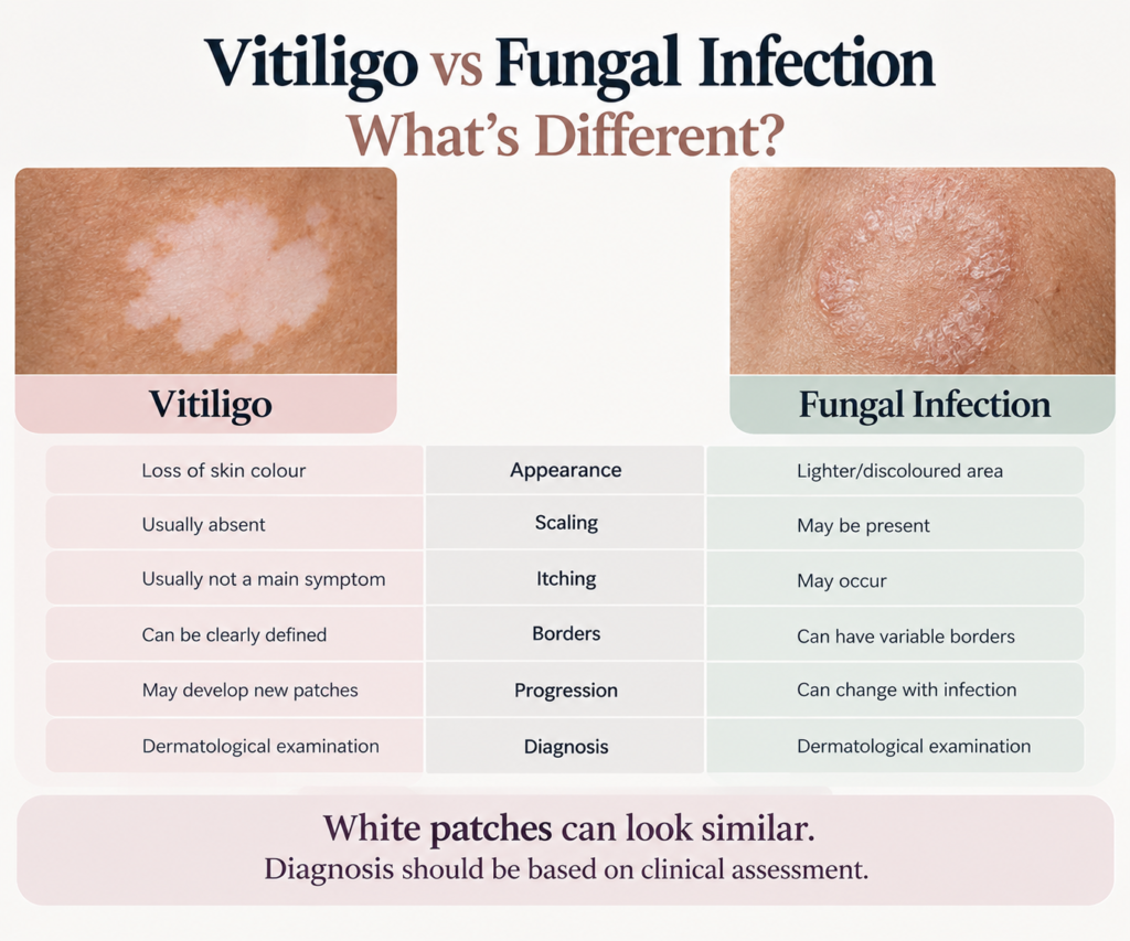 Infographic titled “Vitiligo vs Fungal Infection: What’s Different?” with two skin close-ups at the top, showing vitiligo on the left and fungal infection on the right. A comparison table below contrasts appearance, scaling, itching, borders, progression, and diagnosis. The left column uses soft pink tones, while the right column uses pale green, with a light neutral centre column. Vitiligo is described as loss of skin colour with usually absent scaling and itching, while fungal infection may involve discoloration, scaling, and itching. The bottom pink panel emphasizes that white patches can look similar and diagnosis should be based on clinical assessment.