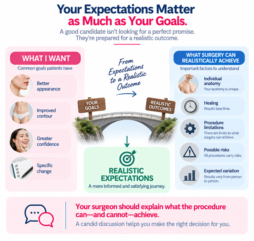 Infographic explaining realistic expectations for plastic surgery by comparing patient goals with achievable outcomes, including factors such as individual anatomy, healing time, procedure limitations, possible risks, and variation in results.