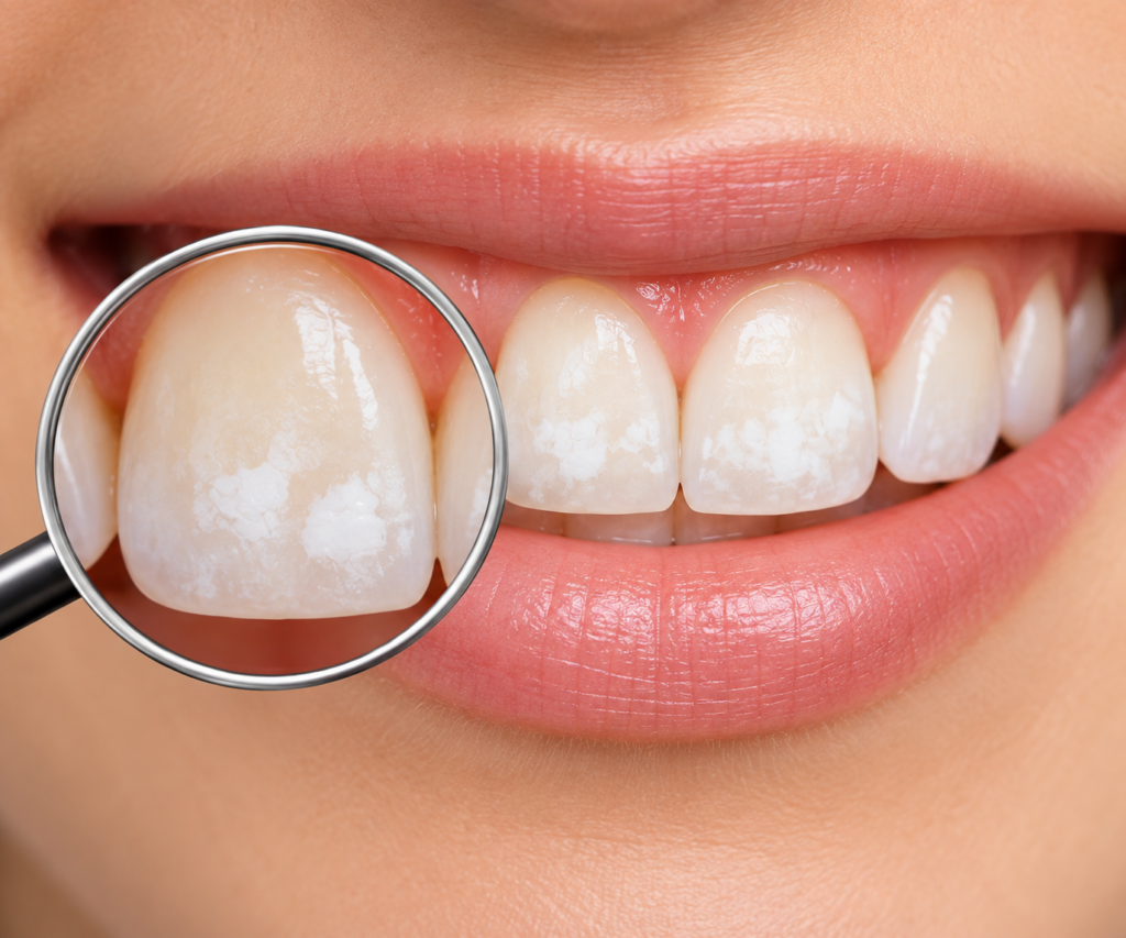 A close-up of a smiling mouth shows several front teeth with visible white spots and patches on the enamel. A large magnifying glass highlights the affected tooth, making the lighter areas easier to see. The image uses a warm, peach-toned background with natural-looking lips and teeth to draw attention to changes in tooth colour. This visual illustrates the appearance of white spots on teeth, which may have different causes and can be assessed by a dental professional.