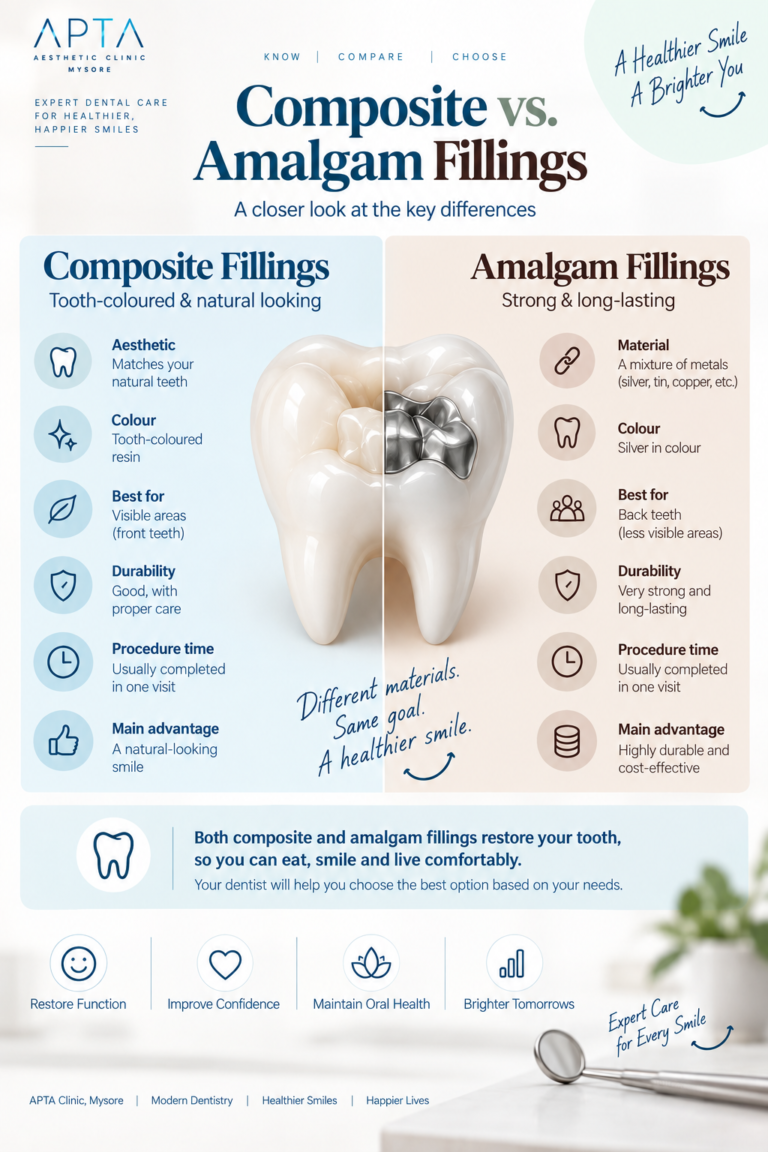 A dental infographic titled “Composite vs. Amalgam Fillings: A Closer Look at the Key Differences,” comparing tooth-coloured composite fillings with silver-coloured amalgam fillings. The left side has a pale blue background and describes composite fillings as natural-looking, suitable for visible areas, durable with proper care, and usually completed in one visit. The right side has a warm beige background and highlights amalgam’s metal mixture, silver appearance, suitability for back teeth, durability, and usual one-visit procedure. A large realistic tooth illustration in the centre is divided vertically, showing a tooth-coloured filling on one side and a dark silver amalgam filling on the other. Below, a light blue banner explains that both filling types restore teeth, followed by simple icons representing restoring function, improving confidence, maintaining oral health, and brighter smiles. The clean, modern design uses navy-blue and brown typography, circular icons, soft shadows, and generous spacing. The background also features a pale mint decorative shape in the upper-right corner, subtle blurred greenery near the lower-right edge, and a dental mirror along the bottom, creating a calm clinical atmosphere. Branding at the top-left and footer identifies APTA Clinic, Mysore, with the tagline “Expert Dental Care for Healthier, Happier Smiles.”