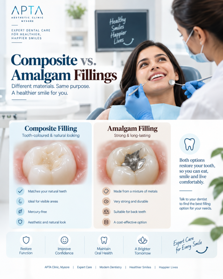 A vertical dental infographic titled “Composite vs. Amalgam Fillings” on a clean white background with pale-blue, mint-green, and warm beige accents. The top-left features the APTA Aesthetic Clinic Mysore logo and the tagline “Expert Dental Care for Healthier, Happier Smiles,” while the top-right has a pale mint circular design with the message “A Healthier Smile, A Brighter You.” Two side-by-side panels compare composite fillings, illustrated by a tooth with a natural-looking tooth-coloured filling, and amalgam fillings, illustrated by a tooth with a silver filling. The panels summarize each material’s appearance, typical use, durability, procedure time, and main advantage. Below, a pale-blue banner explains that both options restore teeth and that a dentist can help choose based on individual needs, followed by blue line icons representing restored function, confidence, better oral health, and a brighter tomorrow. Soft green leaves decorate the lower-left edge, a pale mint wave curves across the bottom, and the footer displays “APTA Clinic, Mysore | Expert Care | Modern Dentistry | Brighter Smiles” alongside the phrase “Healthy Smiles, Happier Lives.”