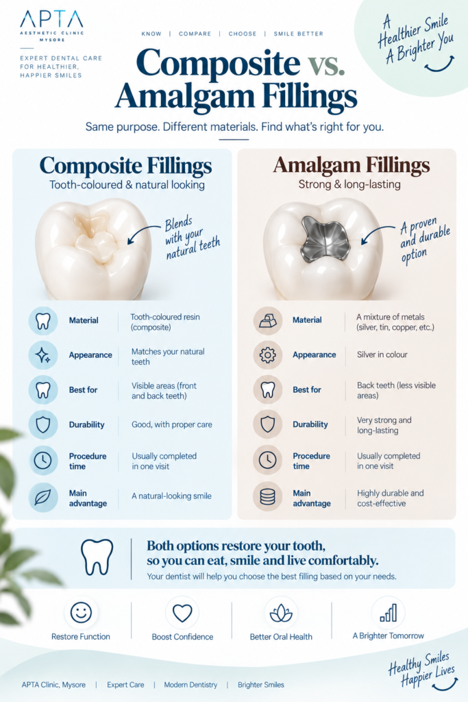 An APTA Clinic Mysore infographic comparing composite and amalgam fillings, set against a modern dental clinic background with a smiling patient receiving a dental examination. The composite section highlights its tooth-coloured, natural appearance, suitability for visible teeth, and aesthetic benefits, while the amalgam section emphasizes its metal composition, strength, durability, and cost-effectiveness. Close-up tooth illustrations show the difference between the two filling materials, with a reminder to consult a dentist when choosing an option. The design features soft blue and beige panels, dental icons, and a bottom banner promoting restored function, confidence, oral health, and brighter smiles.
