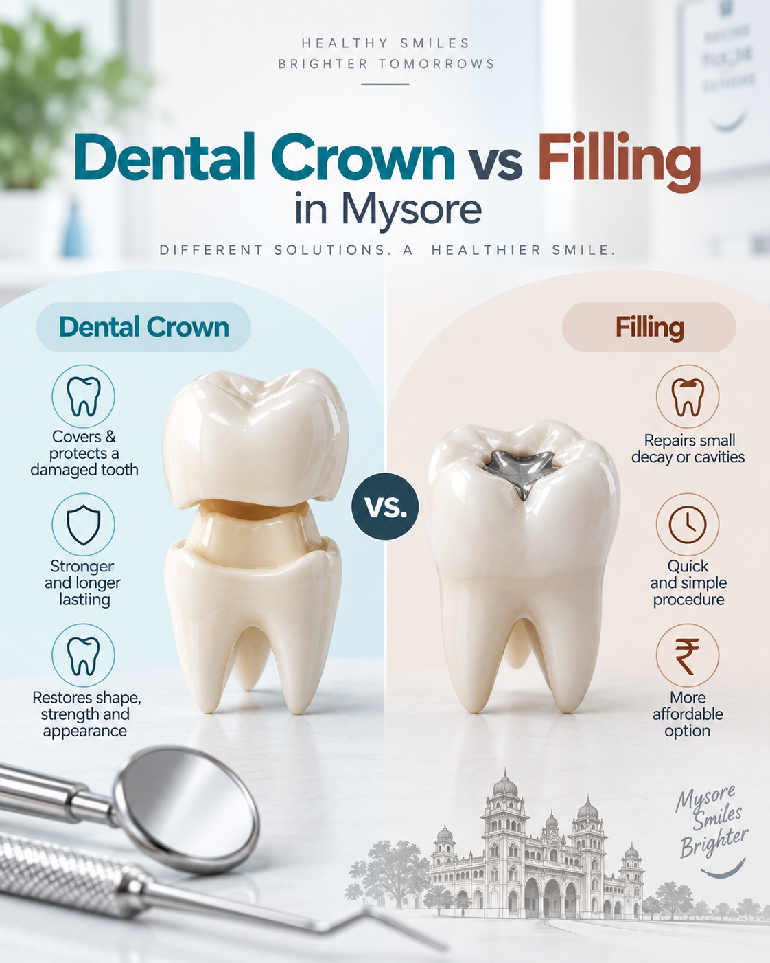 A dental infographic with a clean white, pale blue, and beige background titled “Dental Crown vs Filling in Mysore.” The left side features a dental crown, highlighting protection for damaged teeth, durability, and restoration of shape and strength. The right side displays a tooth filling, emphasizing cavity repair, a quick procedure, and affordability. A central “VS” symbol clearly separates the two treatment options. Simple dental icons and concise descriptions explain the key differences. Dental instruments and a detailed Mysore Palace illustration add professional and local elements. The slogan “Mysore Smiles, Brighter” completes the modern dental awareness design.