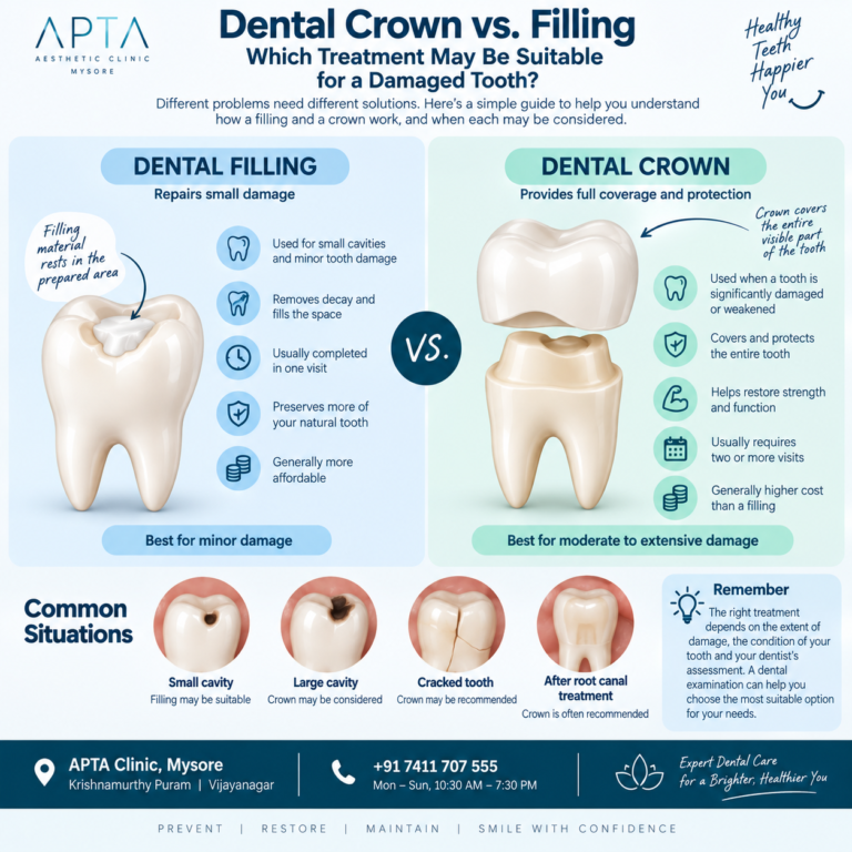 An APTA Clinic Mysore infographic titled “Dental Crown vs. Filling,” set against a clean, light background with soft blue and mint-green panels and a dark teal footer. The left panel illustrates a tooth with a filling and explains its use for small cavities and minor damage, while the right shows a crown covering a prepared tooth to provide protection and restore function. Circular tooth illustrations highlight common situations, including small and large cavities, cracked teeth, and teeth after root canal treatment. The design includes dental icons, a reminder to seek a professional examination, clinic contact details, and the message “Prevent, Restore, Maintain, Smile with Confidence.”