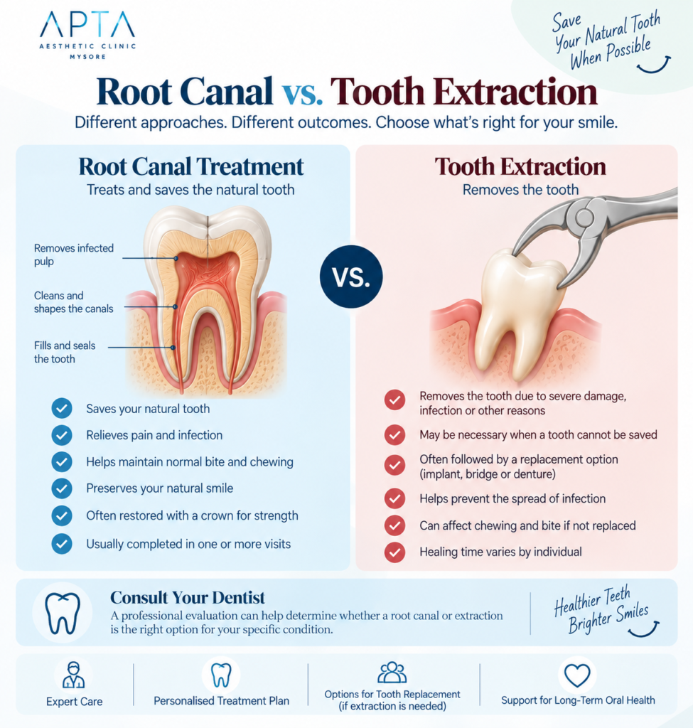 An APTA Clinic Mysore infographic titled “Root Canal vs. Tooth Extraction,” featuring a clean white background with soft blue and pale pink comparison panels and subtle mint-green accents. The left panel illustrates a cross-section of a tooth undergoing root canal treatment, while the right shows a tooth being removed with dental forceps. The infographic compares treatment purposes, benefits, and possible follow-up care, including preserving the natural tooth, relieving infection, and considering replacement options after extraction. A bottom banner encourages professional dental evaluation and highlights personalized treatment planning, expert care, and long-term oral health.