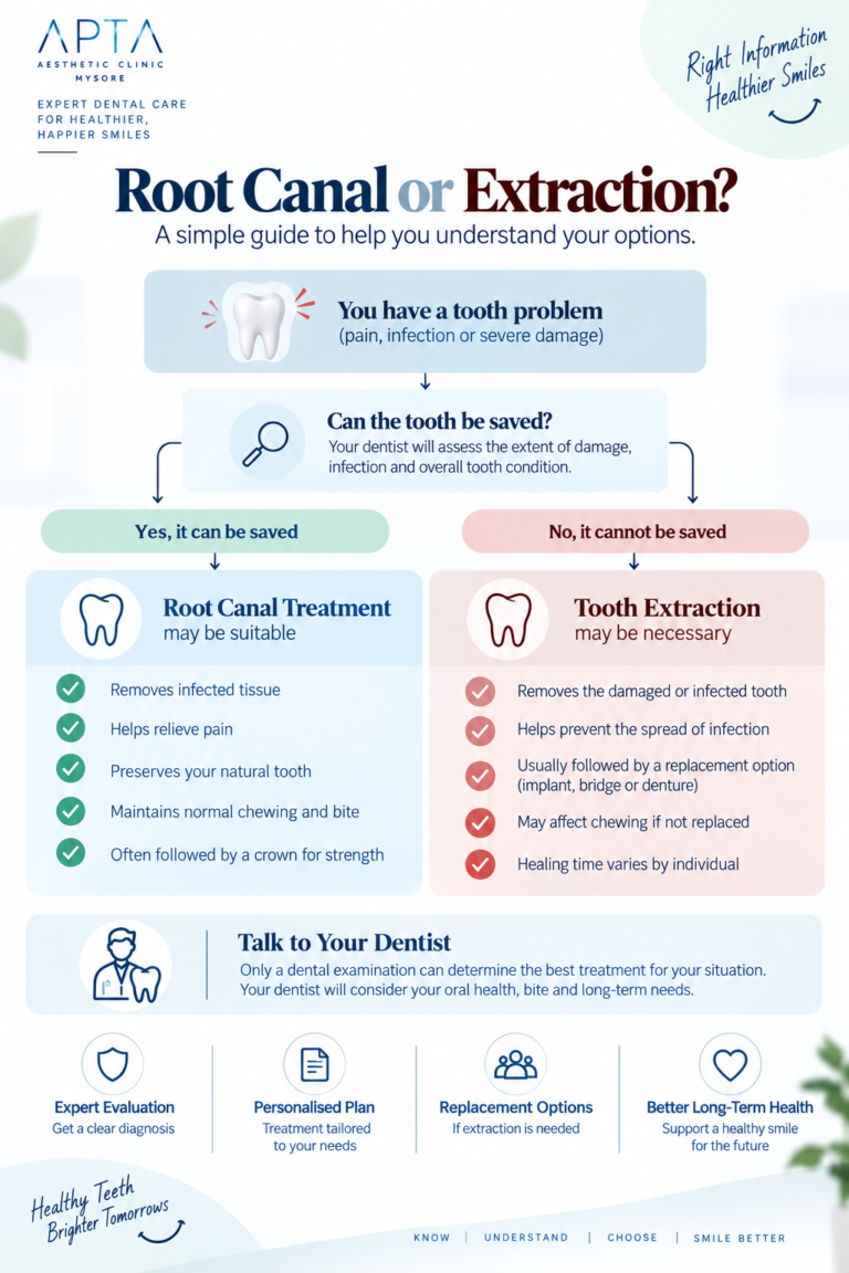 An APTA Clinic Mysore infographic titled “Root Canal or Extraction?” set against a clean white background with soft blue and pale green decorative shapes and subtle leafy accents along the edges. A central decision flowchart explains how a dentist assesses whether a damaged or infected tooth can be saved, leading to root canal treatment or tooth extraction as possible options. Blue and pink comparison panels feature tooth illustrations and concise points about preserving a natural tooth, removing infection, recovery, and possible replacement options. The lower section encourages a professional dental examination and highlights expert evaluation, personalized treatment planning, replacement options, and long-term oral health.