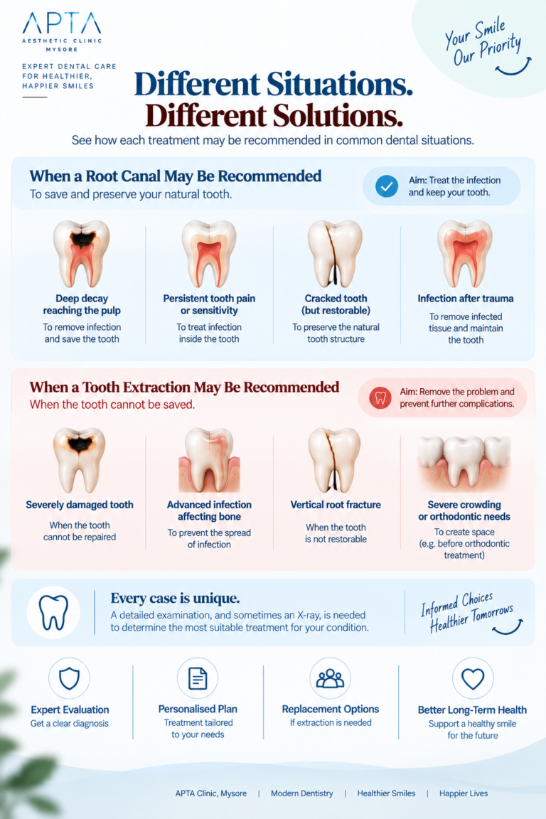 An APTA Clinic Mysore infographic titled “Different Situations. Different Solutions,” set against a clean, light background with soft blue and pink panels and subtle green foliage along the edges. The upper section explains when root canal treatment may be recommended to preserve a natural tooth, while the lower section outlines situations where extraction may be considered. Illustrated teeth show examples of decay, infection, cracks, and damage, supported by concise descriptions and icons. A closing section emphasizes individual assessment, dental examination, personalized treatment planning, and long-term oral health.