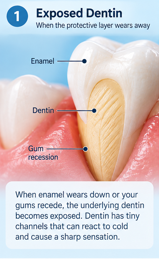 An educational dental infographic titled “Exposed Dentin” explains how enamel wear or gum recession can expose the sensitive dentin beneath. A large cross-sectional tooth illustration labels the enamel, dentin, and gum recession, set against a soft blue gradient background with pink gums. The text panel describes how exposed dentin contains tiny channels that can react to cold temperatures. The clean design uses navy typography, a blue numbered circle, and clear labels to explain why exposed dentin may cause sharp tooth sensitivity.