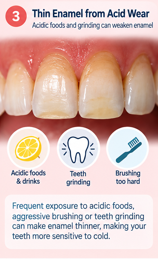 An educational dental infographic titled “Thin Enamel from Acid Wear” explains how acidic foods and drinks, teeth grinding, and brushing too hard can contribute to enamel wear. A close-up of front teeth with visible surface changes appears against a soft pink gradient background, with a red numbered circle and three circular icons illustrating a lemon, a tooth, and a toothbrush. The lower text panel highlights that frequent acid exposure, aggressive brushing, or grinding can thin enamel and make teeth more sensitive to cold. The clean design uses navy typography, pale pink and white panels, and simple dental illustrations to present the information clearly.