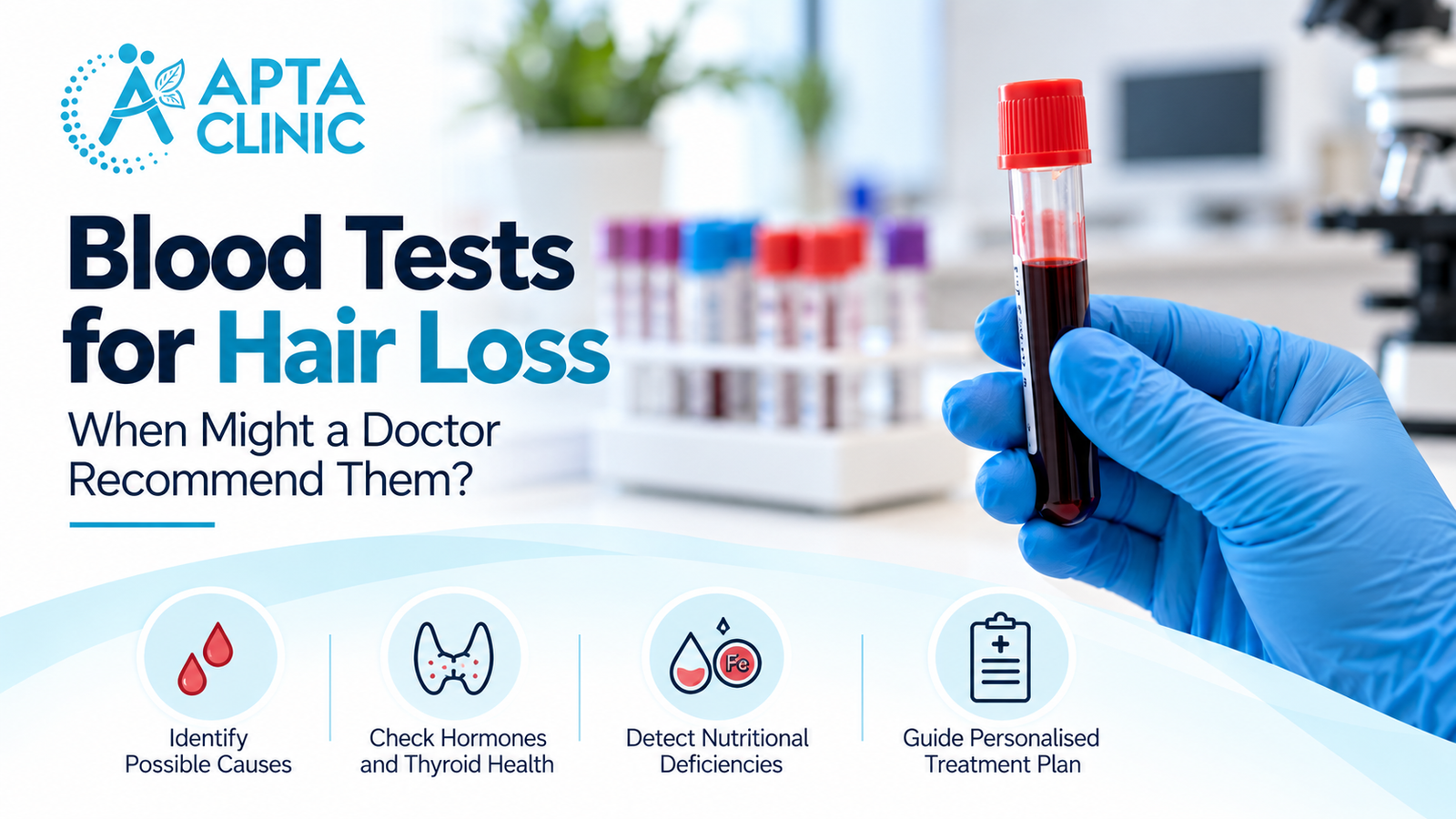 APTA Clinic infographic titled “Blood Tests for Hair Loss: When Might a Doctor Recommend Them?” featuring a blue-gloved hand holding a red-capped blood sample tube against a bright laboratory background with test tubes and medical equipment. Four illustrated icons highlight identifying possible causes, checking hormones and thyroid health, detecting nutritional deficiencies, and guiding a personalised treatment plan. The design uses a clean white and pale-blue background, bold navy-blue and turquoise typography, red blood-drop accents, and the turquoise APTA Clinic logo in the upper-left corner.