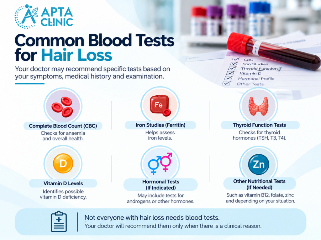APTA Clinic infographic titled “Common Blood Tests for Hair Loss,” featuring a red blood sample tube and checklist. Six sections explain CBC, iron studies (ferritin), thyroid function, vitamin D, hormonal and other nutritional tests (B12, folate, zinc). A blue-and-white design with navy text, cyan accents and colorful medical icons highlights that blood tests are recommended only when clinically necessary.