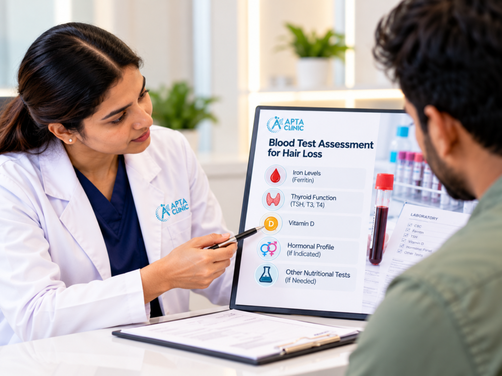 APTA Clinic dermatologist in a white coat and navy-blue scrubs explains a blood test assessment for hair loss to a male patient, pointing to a screen listing iron levels (ferritin), thyroid function, vitamin D, hormonal profile, and other nutritional tests. A red-capped blood sample tube, laboratory checklist, and clipboard sit on the white desk. The bright clinic features turquoise branding, navy-blue text, pale-blue graphics, red and yellow medical icons, soft green plants, and a clean white background.