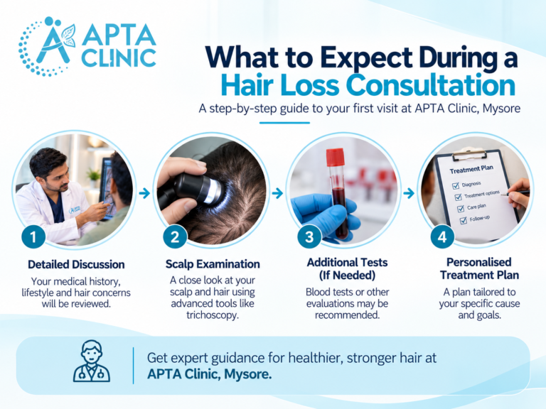 APTA Clinic infographic titled “What to Expect During a Hair Loss Consultation,” presenting four steps: detailed discussion of medical history and hair concerns, scalp examination using trichoscopy, additional blood tests if needed, and a personalised treatment plan. Circular images show a doctor consulting a patient, scalp examination, a red-capped blood sample held in a blue-gloved hand, and a treatment checklist. The footer promotes expert hair care at APTA Clinic, Mysore. The design features a white and pale-blue background, navy-blue and turquoise typography, cyan borders, and the turquoise APTA Clinic logo in the upper-left corner.