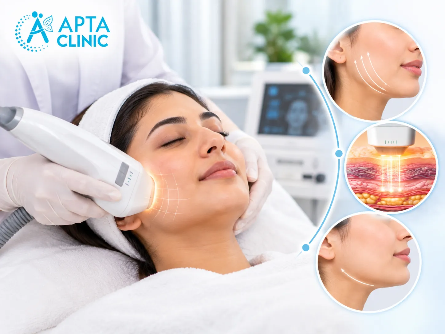 A female patient lies on a white treatment bed with her eyes closed and a white towel wrapped around her head while a practitioner wearing white medical gloves applies a large white handheld HIFU skin-tightening device to her left cheek. A subtle golden glow and fine grid lines highlight the treatment area, illustrating focused energy delivery for facial rejuvenation. On the right side, three circular illustrations show upward white arrows along the jawline to represent a lifting effect, a cross-section of skin layers with glowing energy beams penetrating beneath the surface, and a defined jawline with a curved white arrow indicating facial tightening. The background features blurred aesthetic equipment, soft white furnishings, and a green plant, creating a clean, modern clinical atmosphere. The image uses a bright palette of white, pale blue, turquoise, warm beige, natural skin tones, and golden-orange highlights, with the blue APTA Clinic logo prominently positioned in the upper-left corner. This image represents non-surgical facial lifting, skin tightening, and rejuvenation services at APTA Clinic in Mysuru.