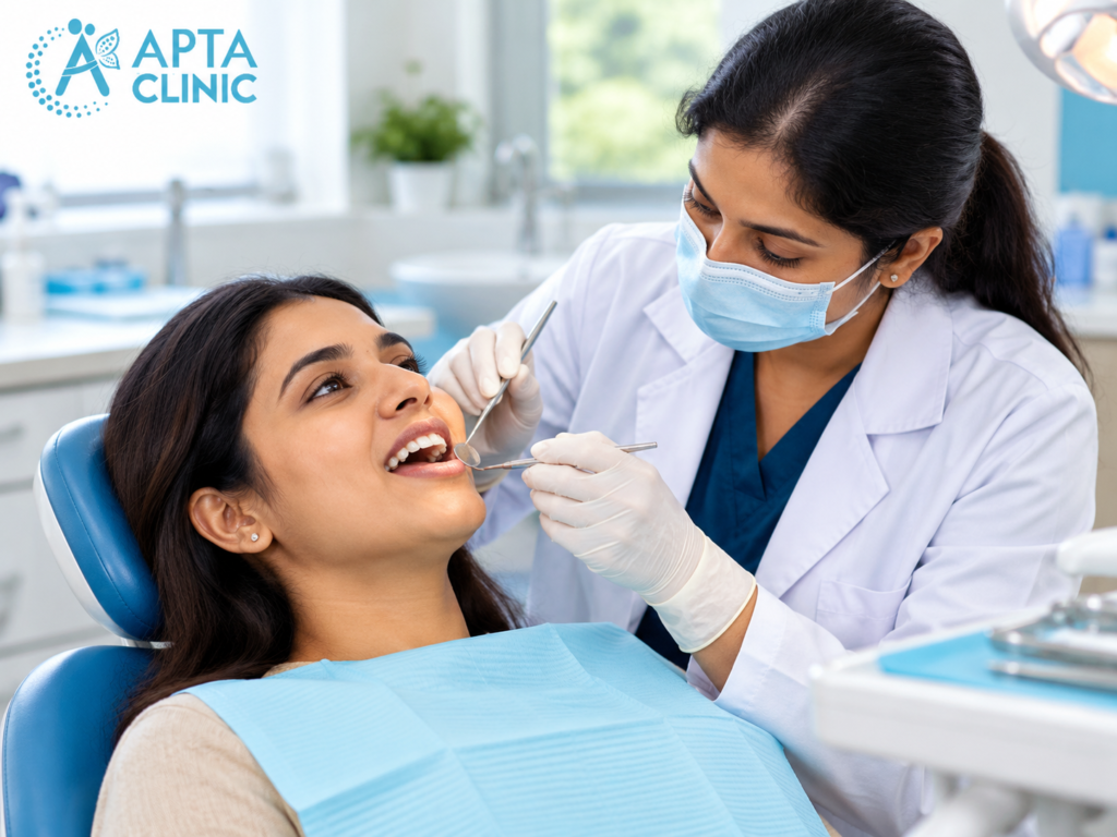 A female dentist wearing a white medical coat over navy-blue scrubs, a light-blue surgical mask, and white gloves performs a dental examination at APTA Clinic. The dentist is positioned on the right side of the image, carefully examining the patient's teeth using a dental mirror and examination instrument. The female patient is reclining on a blue dental chair on the left side, wearing a light-blue protective dental bib with her mouth open during the examination. The blue APTA Clinic logo is prominently displayed in the upper-left corner against a bright, clean clinical background. The modern dental clinic features white interiors, blue dental equipment, soft natural lighting, and a green indoor plant in the background. The image represents professional dental examination, oral health assessment, preventive dental care, and personalised treatment at APTA Clinic.