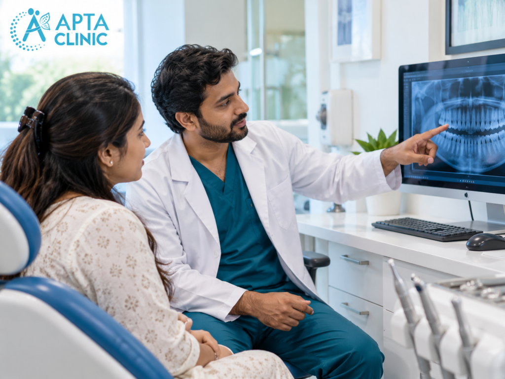 A male dentist wearing a white medical coat over teal-blue scrubs explains a patient's dental X-ray during a consultation at APTA Clinic. The dentist is positioned in the centre-right of the image, pointing towards a panoramic dental X-ray displayed on a large computer monitor. A female patient is seated on the left side in a blue dental chair, attentively looking at the screen while listening to the dentist's explanation. The blue APTA Clinic logo is prominently displayed in the upper-left corner against a bright, modern clinical background. The dental clinic features white interiors, blue dental equipment, a computer workstation, a keyboard, dental instruments, and a green indoor plant. The image represents dental X-ray consultation, oral health assessment, diagnostic evaluation, and personalised dental care at APTA Clinic.