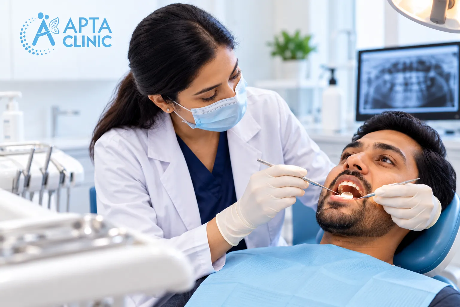 APTA Clinic dental care image showing a female dentist wearing a white coat, navy-blue scrubs, a light-blue surgical mask and white gloves, examining a male patient’s open mouth using dental instruments. The patient is seated in a blue dental chair with a light-blue protective bib, while a dental X-ray monitor and clinical equipment are visible in the background. The bright, modern clinic features white and pale-blue tones, turquoise-blue APTA Clinic branding, natural skin tones and subtle green plants, creating a clean, hygienic and professional dental care aesthetic.