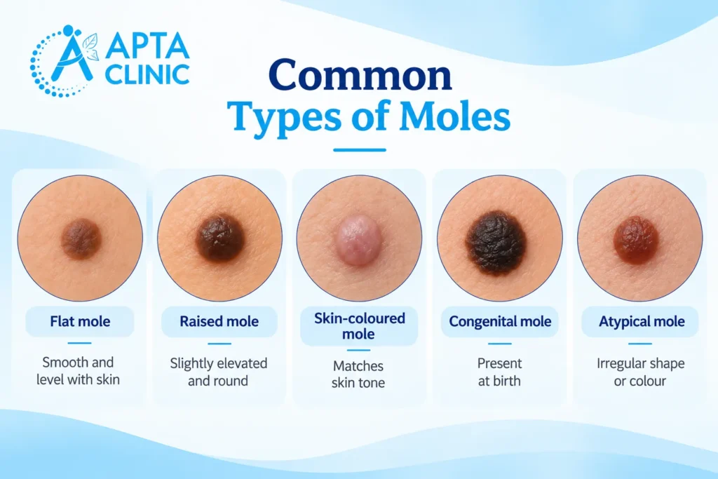An educational dermatology infographic titled "Common Types of Moles" featuring five different mole appearances arranged horizontally across the image. The first section on the left shows a flat brown mole, followed by a raised dark-brown mole and a pink skin-coloured mole in the centre. The fourth section displays a dark congenital mole, while the fifth on the right illustrates a reddish-brown atypical mole. Each mole is presented in a circular close-up skin photograph with a thin dark-blue outline and a light-blue information panel below. The APTA Clinic logo appears in bright blue at the top-left corner, with the main heading in navy blue and sky-blue typography. The infographic uses a clean white and pale-blue background with curved wave designs along the top and bottom to explain common mole types and their visible characteristics.