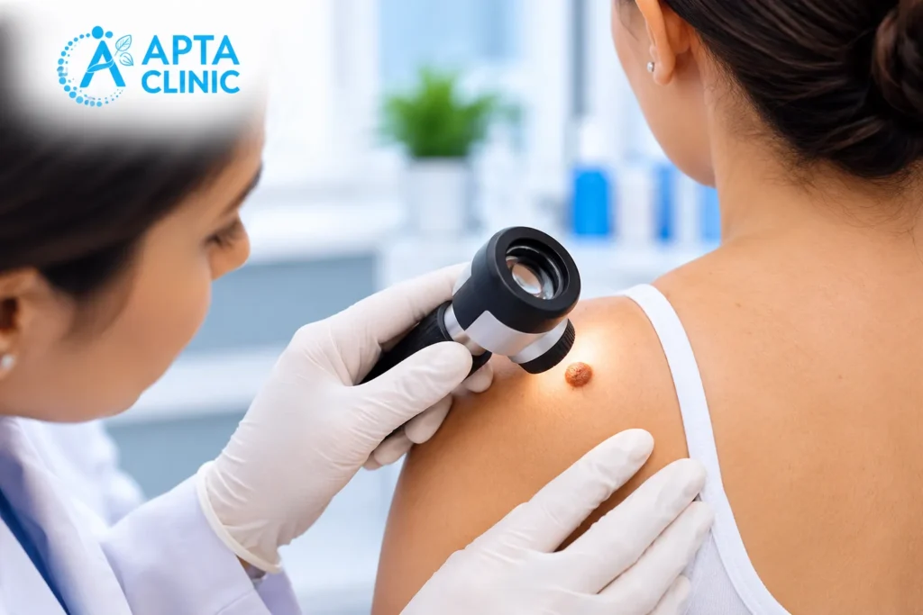 A dermatologist wearing white medical gloves examines a raised brown mole on a woman's upper shoulder using a handheld dermatoscope. The patient is positioned on the right side of the image, wearing a white sleeveless top with her dark brown hair tied back. The dermatologist is positioned on the left, carefully inspecting the mole with a black and silver magnifying examination device. The APTA Clinic logo in bright blue is displayed prominently in the upper-left corner. The background features a clean, modern dermatology clinic with soft white and light-blue tones and a blurred green indoor plant. The image represents professional mole examination, skin assessment and dermatological consultation at APTA Clinic.