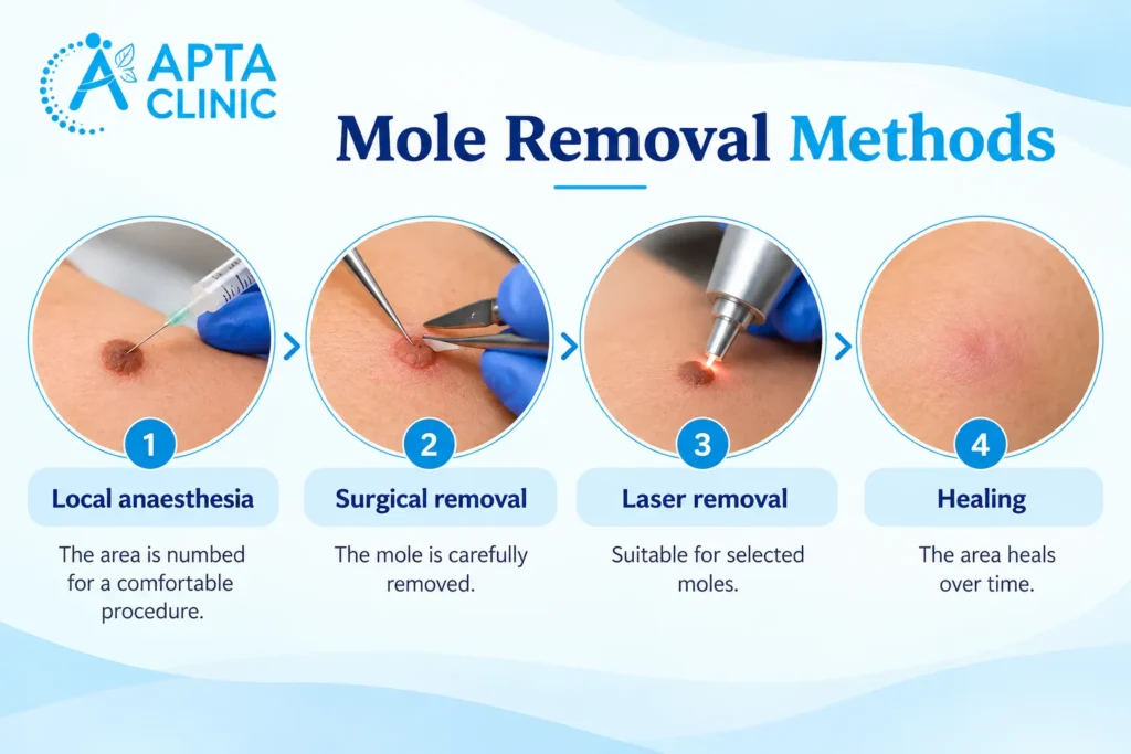 An educational dermatology infographic titled "Mole Removal Methods" illustrating four stages of a mole removal procedure in a horizontal layout. The first circular image on the left shows local anaesthesia being administered to a mole using a syringe with a blue-gloved hand. The second image demonstrates surgical mole removal using medical instruments, while the third shows laser treatment applied to the skin. The fourth circular image on the right displays the healing stage with a small, light-pink mark on the skin. The APTA Clinic logo appears in bright blue at the top-left corner, with the main heading in navy blue and sky-blue typography. The infographic features a clean white and pale-blue background, circular images with thin blue borders, numbered blue markers, and light-blue text panels explaining each treatment stage.