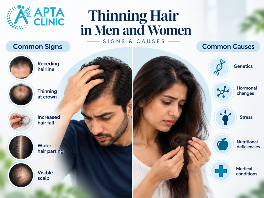 An APTA Clinic infographic titled “Thinning Hair in Men and Women: Signs & Causes” featuring a white background with light blue design elements. The centre displays a man with thinning hair examining his scalp on the left and a woman checking her hair for hair loss on the right. The left section highlights common signs, including a receding hairline, crown thinning, increased hair fall, wider hair parting and visible scalp. The right section illustrates common causes such as genetics, hormonal changes, stress, nutritional deficiencies and medical conditions. Dark navy-blue headings, cyan-blue accents, circular medical illustrations and soft blue borders create a clean healthcare-themed design. The APTA Clinic blue logo is positioned prominently in the upper-left corner.