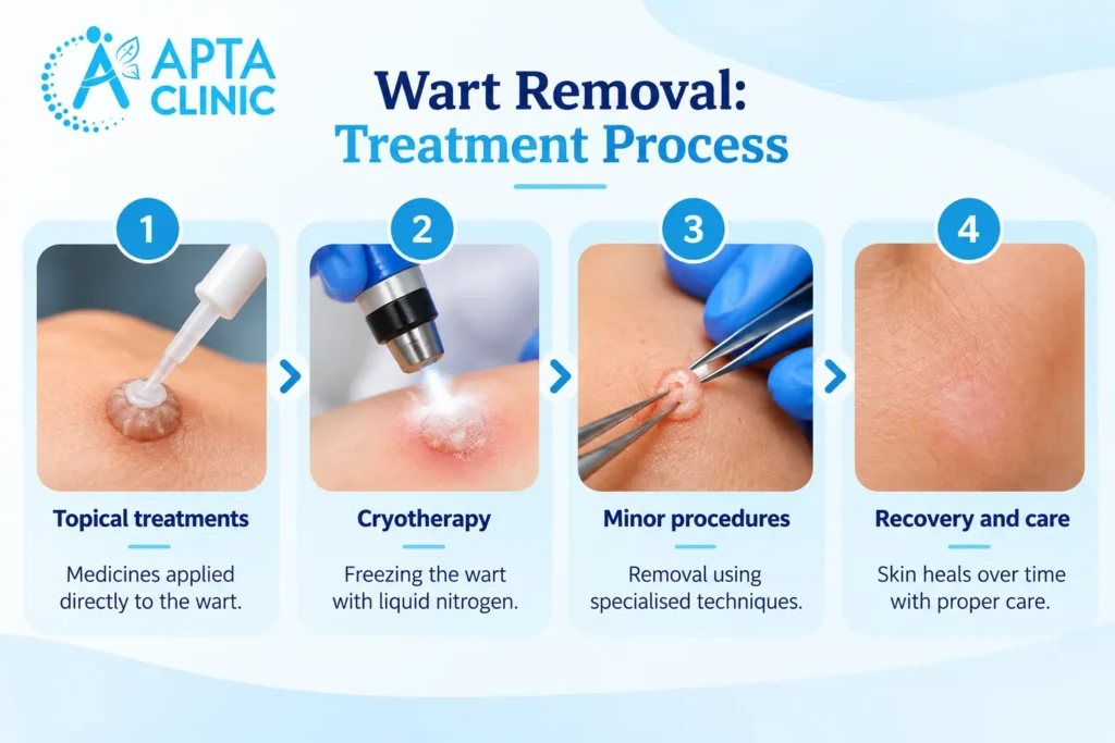 The infographic illustrates a four-step wart removal treatment process, arranged horizontally in four rounded rectangular panels with numbered blue circles above each image. The first panel shows a topical medication being applied directly to a raised wart, followed by the second panel demonstrating cryotherapy using a specialised device to freeze the wart with liquid nitrogen. The third panel displays a minor wart removal procedure using medical forceps and specialised instruments, while the fourth shows the treated skin area during the recovery and healing stage. Each panel includes a close-up medical photograph, bold navy-blue headings, and short explanatory descriptions separated by small light-blue accent lines. The design features a clean white and pale-blue background, soft curved decorative patterns, bright-blue directional arrows, and circular number markers to guide viewers through the treatment stages. The APTA Clinic logo in bright blue is positioned prominently in the upper-left corner, while the title "Wart Removal: Treatment Process" appears across the top in large navy-blue and bright-blue typography.