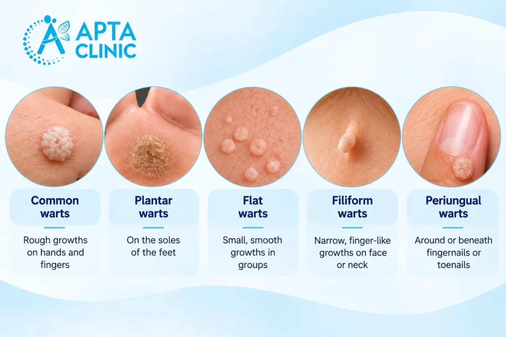 The infographic illustrates five common types of skin warts through circular close-up photographs arranged horizontally across the image. The first section shows common warts as rough, clustered skin growths on the hands and fingers, followed by plantar warts commonly found on the soles of the feet. The remaining sections highlight flat warts appearing as small, smooth growths in groups, filiform warts with narrow finger-like projections, and periungual warts developing around or beneath fingernails and toenails. Each photograph is enclosed within a thin blue circular border, with light-blue rounded rectangular panels underneath containing bold navy-blue headings and brief descriptions. The overall design features a soft white and pale-blue background, flowing curved blue decorative patterns, bright-blue accent lines, and dark navy-blue typography for a clean medical infographic appearance. The APTA Clinic logo in bright blue is prominently positioned in the upper-left corner, maintaining consistent branding and a professional dermatology-focused visual presentation.
