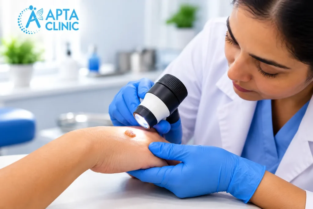 The image shows a female dermatologist wearing a white medical coat over blue scrubs, carefully examining a patient's skin using a handheld dermatoscope. The doctor is positioned on the right side of the image, wearing bright blue medical gloves while holding the patient's hand and directing the illuminated examination device towards a small raised skin lesion. The patient's forearm and hand extend diagonally from the lower-left corner towards the centre, with the skin lesion clearly visible under the examination light. The background features a bright, modern clinical environment with white surfaces, light-blue medical equipment, and green indoor plants, creating a clean healthcare setting. The image uses a soft white and blue colour palette with natural lighting, focusing attention on the skin examination and dermatological procedure. The APTA Clinic logo in bright blue with a leaf design is prominently positioned in the upper-left corner, maintaining consistent clinic branding.