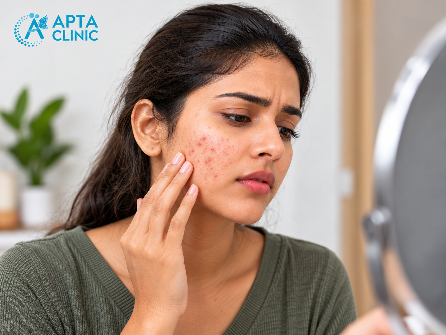 A woman with long dark brown hair wearing an olive-green top examines acne and small red pimples on her left cheek in front of a mirror. She gently touches her cheek with her fingers while looking at her reflection with a concerned expression. The APTA Clinic logo in blue is positioned in the upper-left corner against a clean, light-coloured background. A blurred green indoor plant is visible on the left side, adding a natural touch to the setting. A large round mirror with a silver frame is positioned on the right side of the image. The image highlights visible facial acne and skin concerns, representing acne-prone skin and the importance of professional acne treatment.