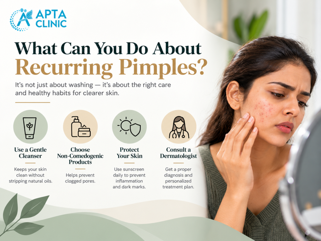 The infographic features a young woman on the right side, gently touching her cheek while looking into a mirror, with visible acne spots and redness highlighting recurring pimple concerns. The left side displays the heading "What Can You Do About Recurring Pimples?" in large dark-green and warm golden-brown typography, followed by a short description about proper skincare and healthy habits. Four skincare recommendations are presented horizontally: use a gentle cleanser, choose non-comedogenic products, protect your skin with daily sunscreen, and consult a dermatologist. Each recommendation includes a simple black illustrated icon inside alternating sage-green and beige circular backgrounds, with bold dark-green headings and short explanatory text underneath. The design features a warm white background, muted sage-green and cream decorative waves, botanical leaf illustrations in the bottom-left corner, and subtle golden-brown accent lines. The APTA Clinic logo in bright blue is positioned in the upper-left corner, maintaining consistent branding and a clean, natural dermatology-focused visual appearance.