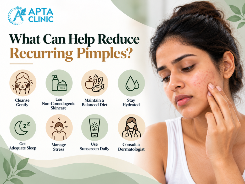 The infographic features a close-up photograph of a young woman on the right side, gently touching her cheek to highlight visible acne, redness, and small pimples on her facial skin. The left side displays the heading "What Can Help Reduce Recurring Pimples?" in large dark-green and warm-brown typography, followed by eight skincare and lifestyle recommendations. The recommendations include gentle cleansing, using non-comedogenic skincare, maintaining a balanced diet, staying hydrated, getting adequate sleep, managing stress, applying daily sunscreen, and consulting a dermatologist. Each recommendation is represented by a simple illustrated icon inside alternating soft beige and sage-green circular backgrounds, arranged in two organised rows. The overall design uses a warm white background with muted sage-green decorative waves, botanical leaf illustrations, dark-green accents, and earthy brown tones for a natural skincare theme. The APTA Clinic logo in bright blue is positioned in the upper-left corner, maintaining consistent clinic branding and a clean dermatology-focused visual presentation.