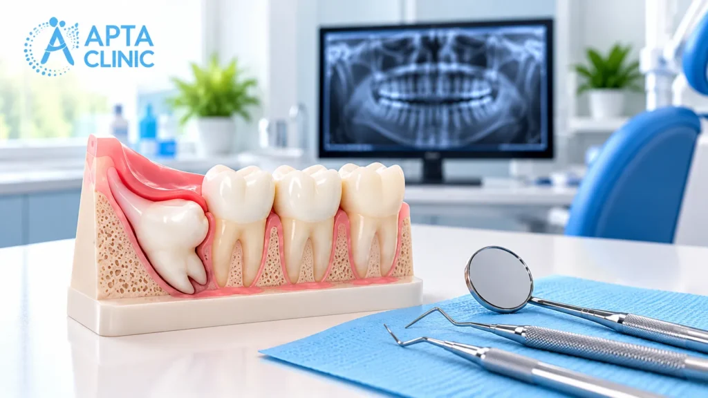 A detailed dental model showing an impacted wisdom tooth growing sideways beneath the gum, positioned on the left side of the image. The anatomical model displays white teeth, pink gum tissue, and beige jawbone structure to illustrate the position of the impacted tooth. A dental X-ray showing the complete set of teeth is visible on a monitor in the upper-centre background. Stainless steel dental instruments, including a mouth mirror and dental probe, are arranged on a blue disposable dental mat in the lower-right foreground. The background features a modern dental clinic with a blue dental chair, white countertops, and green potted plants. The blue APTA Clinic logo is displayed in the upper-left corner against a bright, clean clinical setting.
