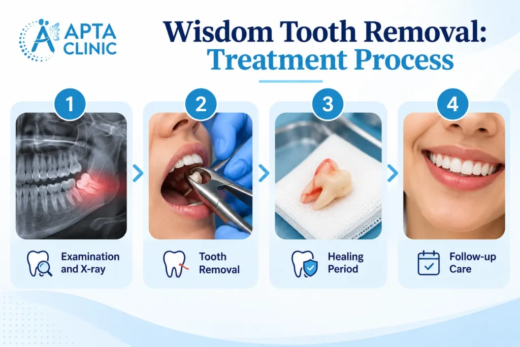 An educational infographic illustrating the four main stages of wisdom tooth removal, featuring the APTA Clinic logo in blue at the upper-left corner. The first panel on the left shows a dental X-ray highlighting an impacted wisdom tooth with a red glow around the affected area. The second panel depicts a dental professional using extraction instruments and blue-gloved hands to remove a wisdom tooth. The third panel displays an extracted tooth placed on a white medical gauze pad, representing the healing stage. The fourth panel features a close-up of a healthy, bright smile, representing follow-up care after the procedure. The design uses a light blue and white background, dark navy headings, blue numbered circles, dental icons, and curved blue decorative elements.