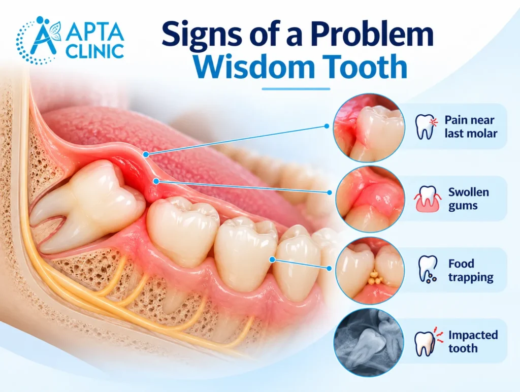 The infographic features a detailed anatomical illustration of the lower jaw, showing a wisdom tooth partially impacted beneath the gum line and pressing against the neighbouring molar. The left side displays a large cross-sectional view of the teeth, pink gum tissue, jawbone structure, and yellow nerve pathway, highlighting the position of the impacted wisdom tooth. The right side presents four common warning signs: pain near the last molar, swollen gums, food trapping between teeth, and an impacted wisdom tooth. Each symptom is illustrated with a circular close-up medical image, connected to the corresponding area of the dental illustration using thin bright-blue lines and markers. The design features a clean white and pale-blue background, dark navy-blue and bright-blue headings, rounded light-blue information panels, and subtle curved decorative accents. The APTA Clinic logo in bright blue is positioned in the upper-left corner, while the heading "Signs of a Problem Wisdom Tooth" is prominently displayed across the top.