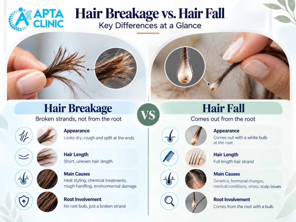 APTA Clinic infographic titled “Hair Breakage vs. Hair Fall: Key Differences at a Glance,” comparing close-up images of split, frayed hair strands with shed hairs showing white root bulbs. It highlights differences in appearance, hair length, main causes, and root involvement using magnified hair images and medical icons. The clean design features a white background, light blue and mint-green panels, dark navy typography, cyan-blue circular icons, sage-green accents, and subtle botanical leaf decorations.