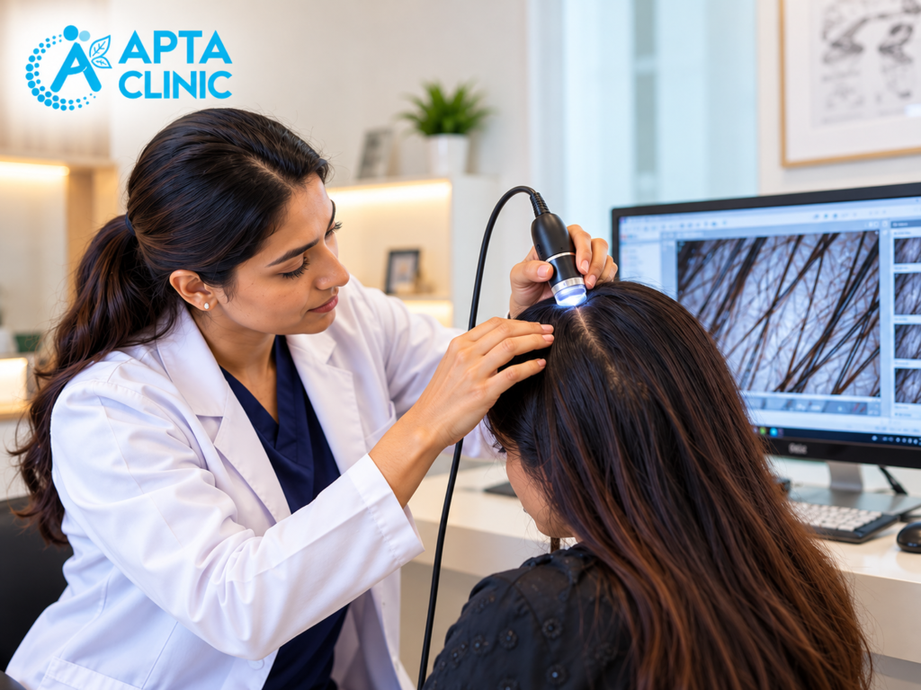 APTA Clinic dermatologist performing a trichoscopy scalp examination on a female patient using a handheld digital scalp microscope with blue illumination, while a monitor displays magnified hair follicles. The modern clinic features a white coat, navy-blue scrubs, dark brown hair, white countertops, green plants, warm beige lighting, and cyan-blue branding, creating a clean, professional healthcare atmosphere.