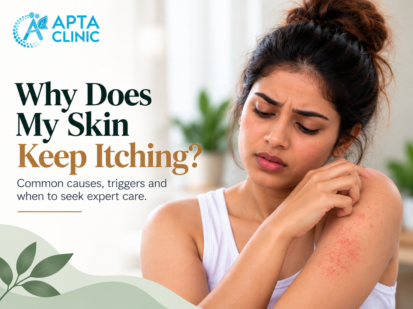 APTA Clinic dermatology poster titled “Why Does My Skin Keep Itching?” featuring a young woman with dark brown hair tied in a bun, gently scratching her reddish, irritated upper arm while looking concerned. The design highlights common causes, triggers and when to seek expert care. It features a clean white background, dark forest-green and golden-brown typography, navy-blue supporting text, soft sage-green botanical leaf illustrations and warm natural lighting, creating a minimal, elegant and premium healthcare aesthetic.