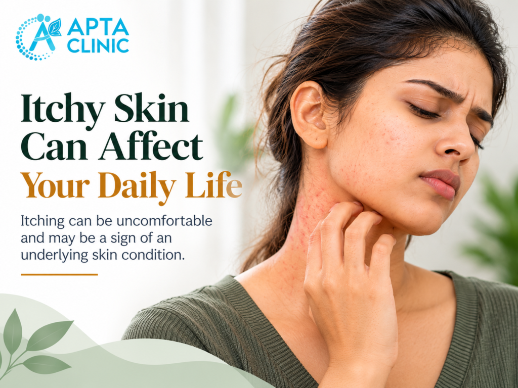 APTA Clinic healthcare poster titled “Itchy Skin Can Affect Your Daily Life,” featuring a close-up of a woman gently scratching the reddish, irritated skin on her neck with a concerned expression. The design highlights how itching may indicate an underlying skin condition. It uses deep forest-green and golden-brown headline typography, navy-blue supporting text, a clean white background, sage-green botanical leaf illustrations, and soft natural lighting for a minimal, premium dermatology aesthetic.