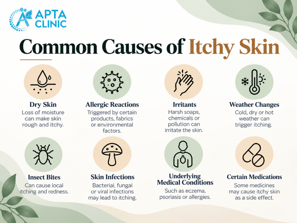 APTA Clinic infographic titled “Common Causes of Itchy Skin,” presenting eight causes: dry skin, allergic reactions, irritants, weather changes, insect bites, skin infections, underlying medical conditions, and certain medications. Each section features a simple black line icon inside alternating sage-green and warm-peach circular backgrounds, with navy-blue headings and explanatory text. The elegant design uses a clean white and warm ivory background, dark forest-green and golden-brown headline typography, soft sage-green wave patterns, and botanical leaf illustrations for a minimal, premium healthcare aesthetic.