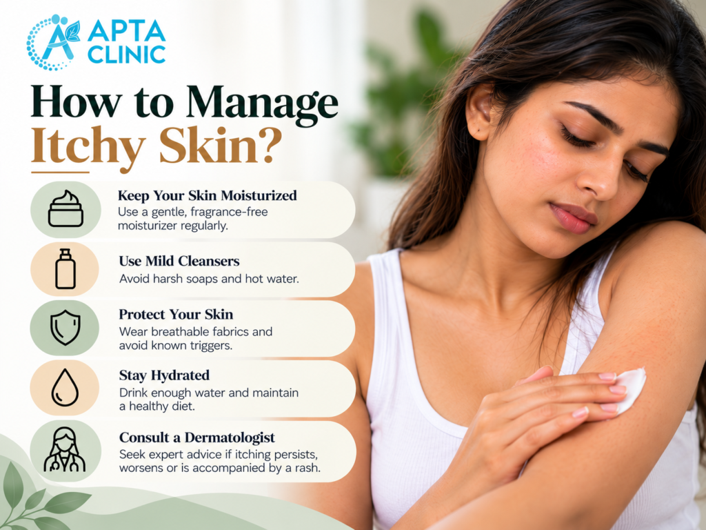APTA Clinic educational infographic titled “How to Manage Itchy Skin?” featuring a woman gently applying moisturizer to her upper arm with a cotton pad. Five skincare tips highlight regular moisturizing, using mild cleansers, protecting the skin, staying hydrated, and consulting a dermatologist. The clean, premium design combines a white and warm beige background, deep forest-green and golden-brown headings, sage-green and peach circular icon backgrounds, navy text, and soft botanical leaf illustrations.