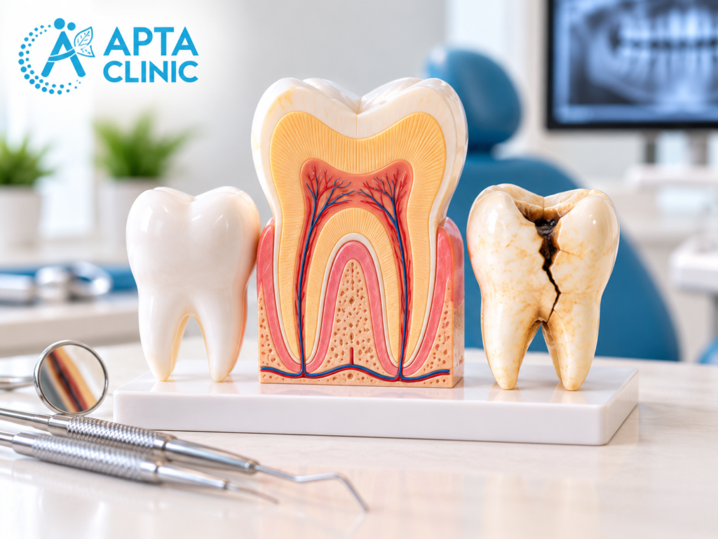 A dental educational display featuring three realistic tooth models arranged side by side on a white platform in a modern dental clinic at APTA Clinic. The left side shows a clean, healthy white tooth, while the centre features a large cross-sectional tooth model illustrating internal structures, including enamel, dentin, pulp, nerves, and blood vessels. The right side displays a damaged tooth with visible dark brown decay and a crack extending vertically through the crown. The blue APTA Clinic logo is prominently positioned in the upper-left corner against a bright white background. The foreground features silver dental examination instruments, including a mouth mirror and dental probes, while the background contains a blue dental chair, a computer monitor displaying a dental X-ray, and a green indoor plant. The image uses natural lighting, soft white and blue tones, and realistic medical details to illustrate tooth anatomy, healthy teeth, tooth decay, and dental health awareness.