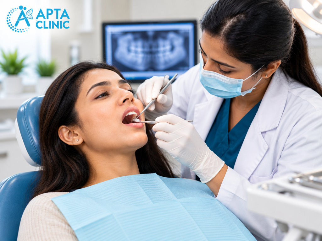 A female dentist wearing a white medical coat over navy-blue scrubs, a light-blue surgical mask, and white gloves performs a dental examination at APTA Clinic. The dentist is positioned on the right side of the image, carefully examining the patient's teeth using a dental mirror and professional dental instruments. The female patient is reclining on a blue dental chair on the left side, wearing a light-blue protective dental bib with her mouth open during the examination. The blue APTA Clinic logo is prominently displayed in the upper-left corner of the image. The background features a bright, modern dental clinic with white interiors, blue dental equipment, a computer monitor displaying a panoramic dental X-ray, and soft natural lighting. The image represents professional dental check-ups, oral health examination, preventive dental care, and personalised dental treatment at APTA Clinic.