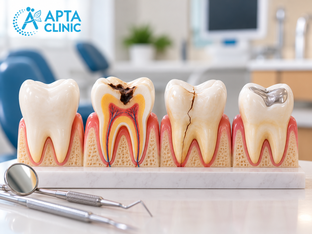 A dental educational display featuring four realistic tooth models arranged side by side on a white platform in a modern dental clinic at APTA Clinic. The first model on the left shows a healthy white tooth, while the second displays advanced tooth decay with dark brown cavities and a cross-sectional view of the internal tooth structure. The third model illustrates a cracked tooth with a visible vertical fracture, while the fourth shows a tooth restored with a silver dental filling. The blue APTA Clinic logo is prominently positioned in the upper-left corner against a bright white background. Silver dental examination instruments, including a mouth mirror and dental probes, are placed in the lower-left foreground, with blue dental chairs, white cabinets, and a green indoor plant in the blurred background. The image uses soft white, cream, blue, and natural pink tones to illustrate healthy teeth, tooth decay, dental fractures, and restorative dental treatments.